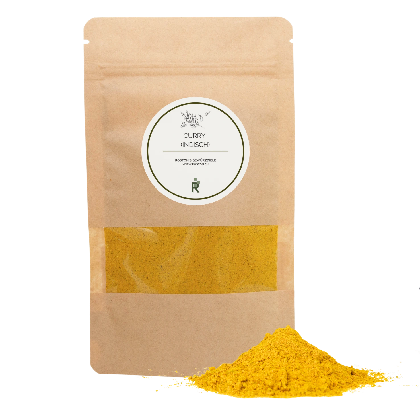 Das Bild zeigt einen Haufen Curry indisch vor einer Verpackung.