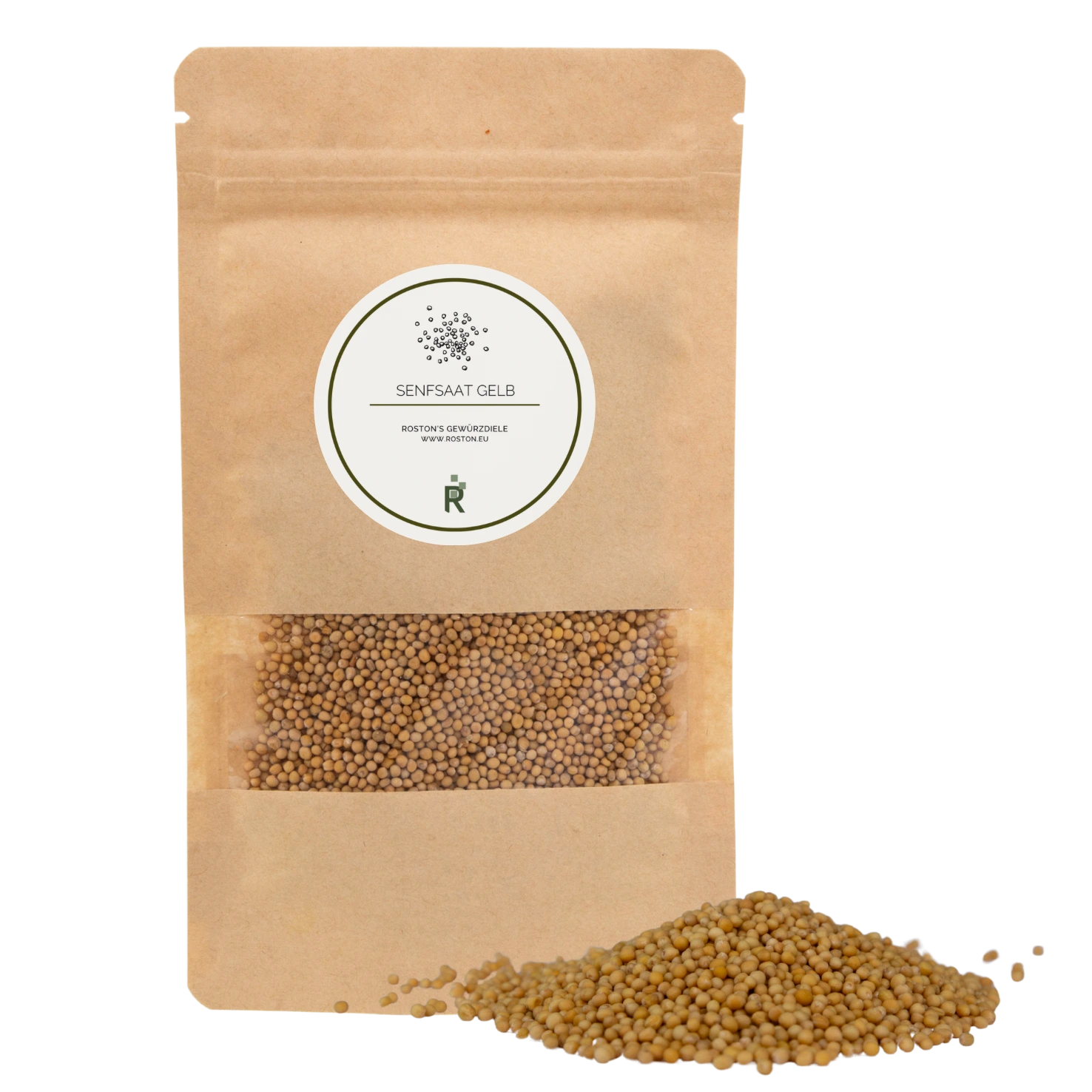Das Bild zeigt einen Haufen gelber Senfkörner vor einer Verpackung.